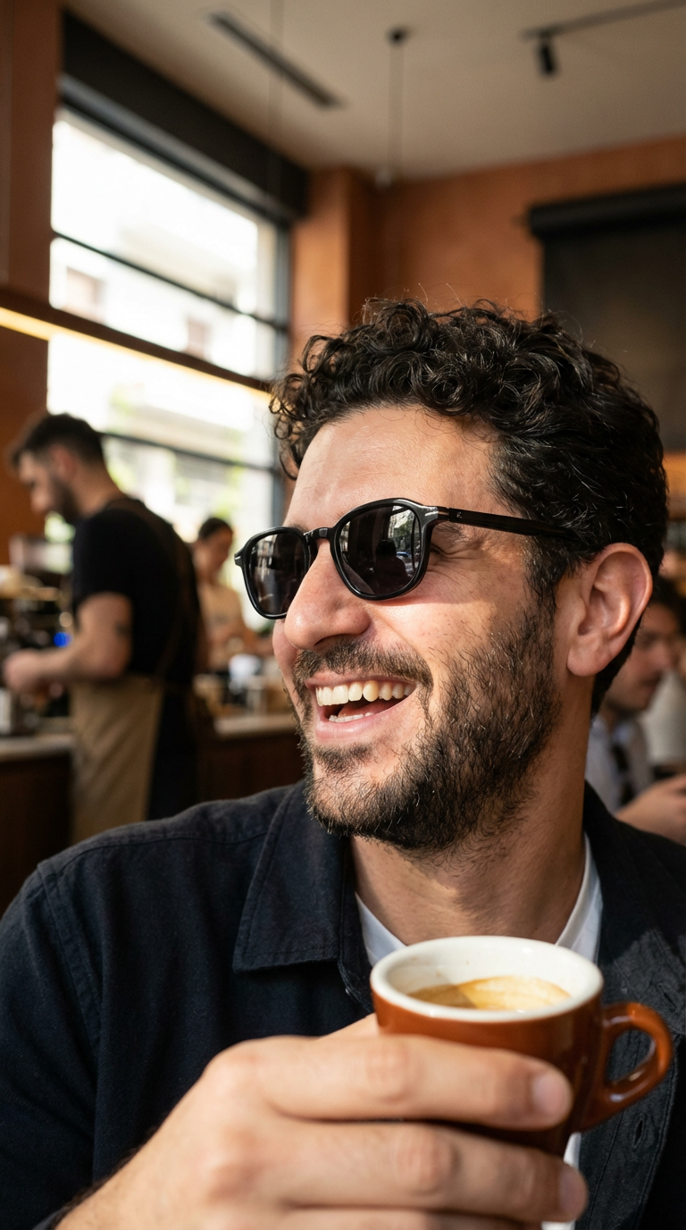 Man laughing over coffee in sunglasses