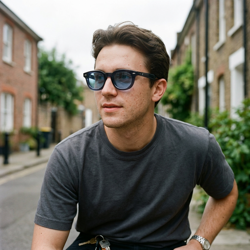 Man wearing blue-lens sunglasses on a city street